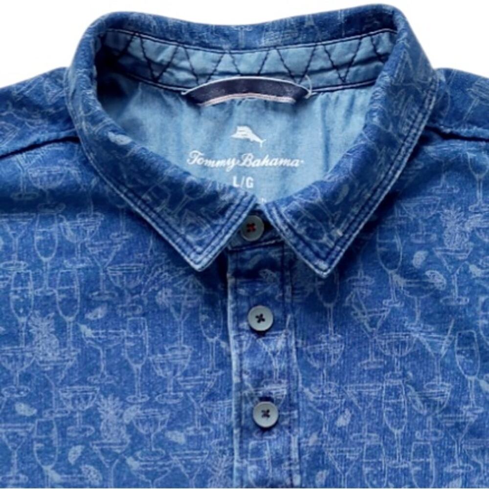 Tommy Bahama Sippin’ Soiree Blue Tropical Cocktail Print Polo Shirt Men's L